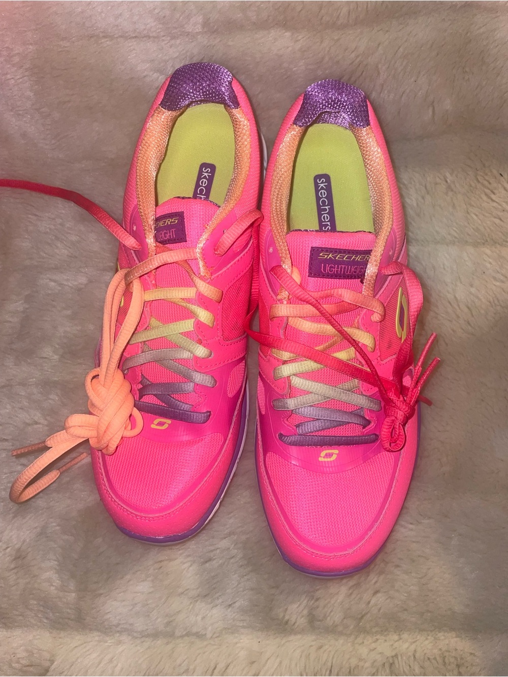 Skechers Women’s Bright Pink Athletic Sneakers with Orange and Purple Accents